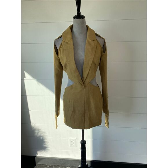 PLT Label Mustard Strap Sleeve Detail Cut Out Blazer Dress Size 4 - Picture 4 of 14
